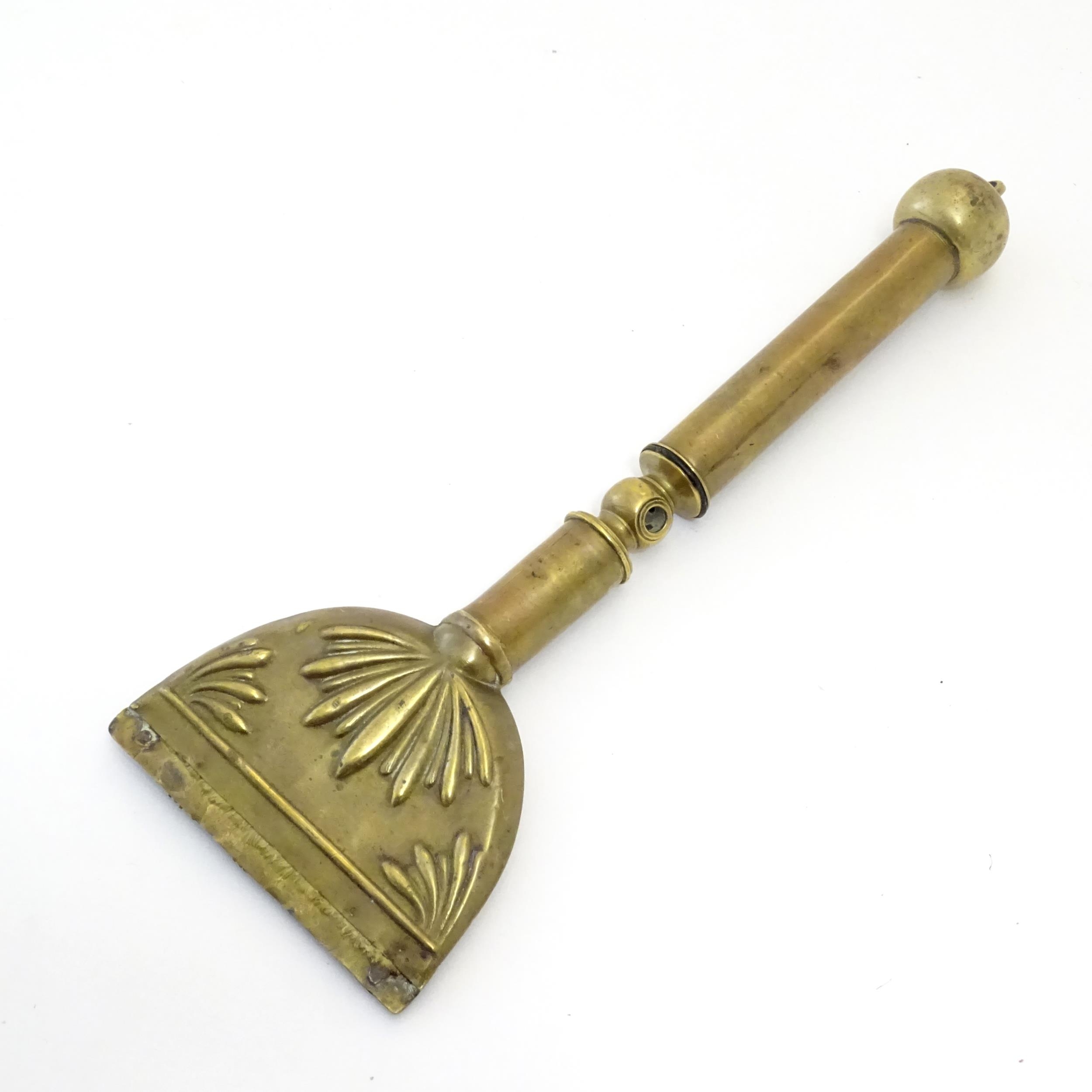 A 19thC brass horse hair singer / singeing lamp with embossed shell detail. Approx. 13 3/4" long - Image 4 of 6