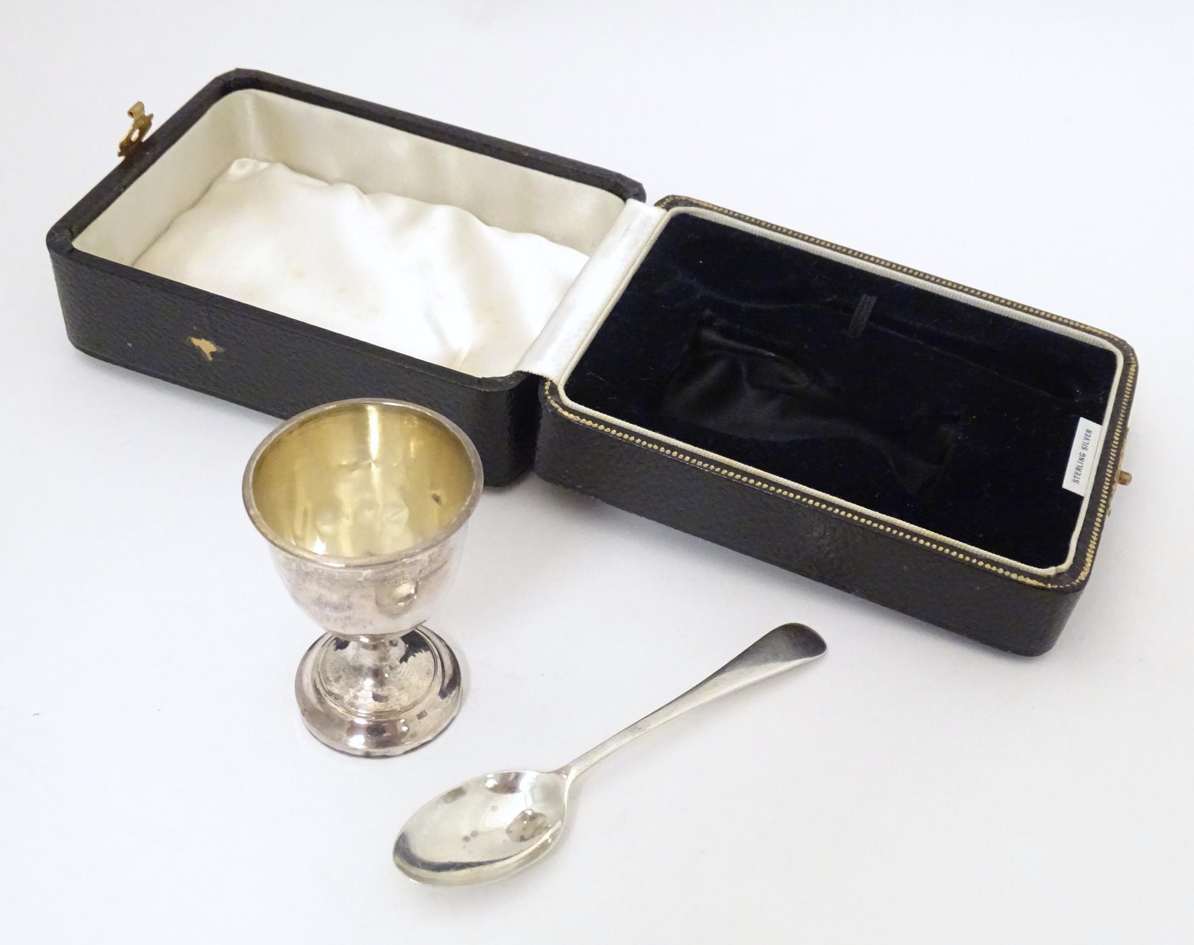 A silver egg cup and spoon, hallmarked Birmingham 1939, maker Arthur Price & Co, cased. The case - Image 3 of 6