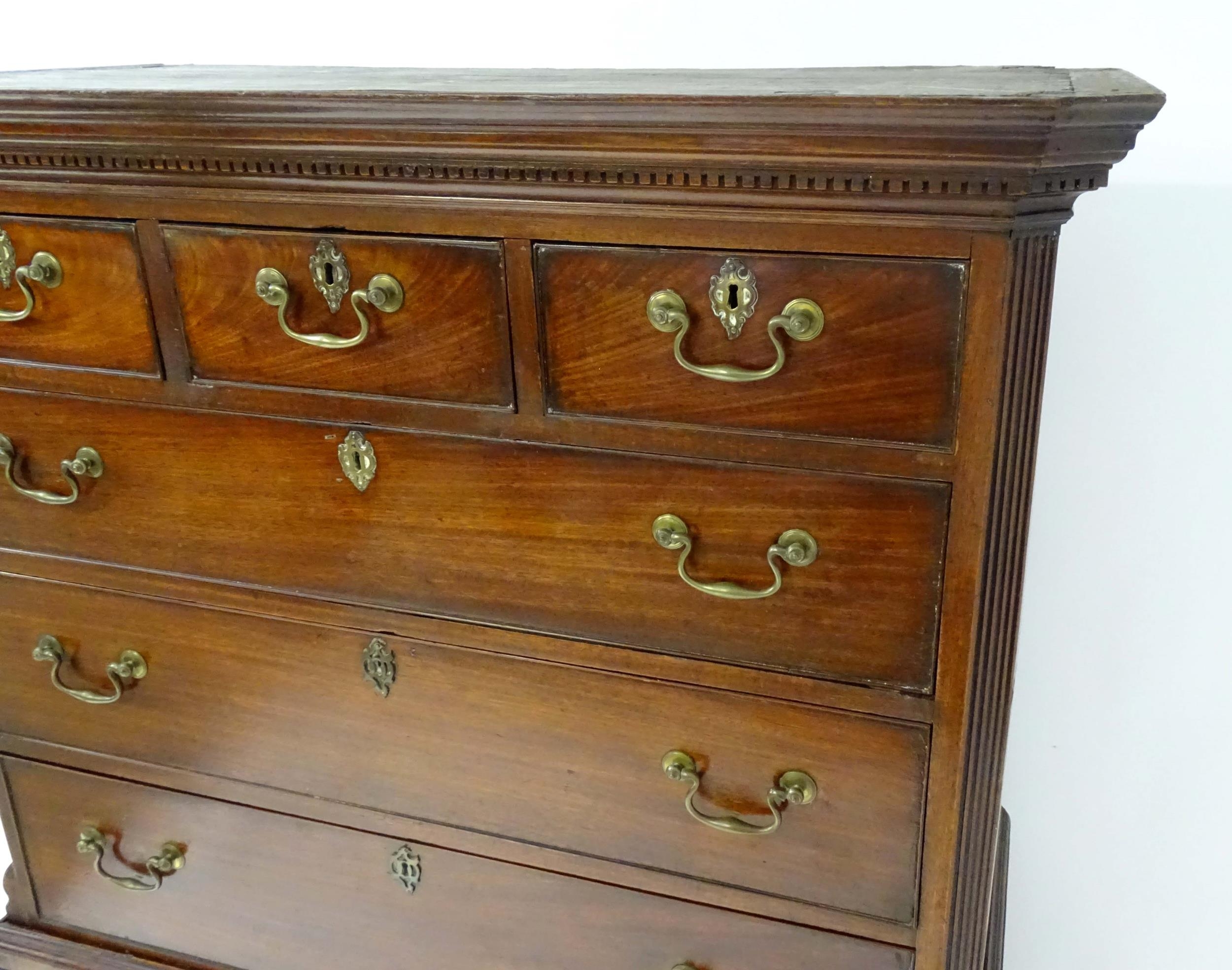 A mid / late 18thC mahogany chest on chest with moulded cornice above a dentil carved frieze, having - Image 12 of 14