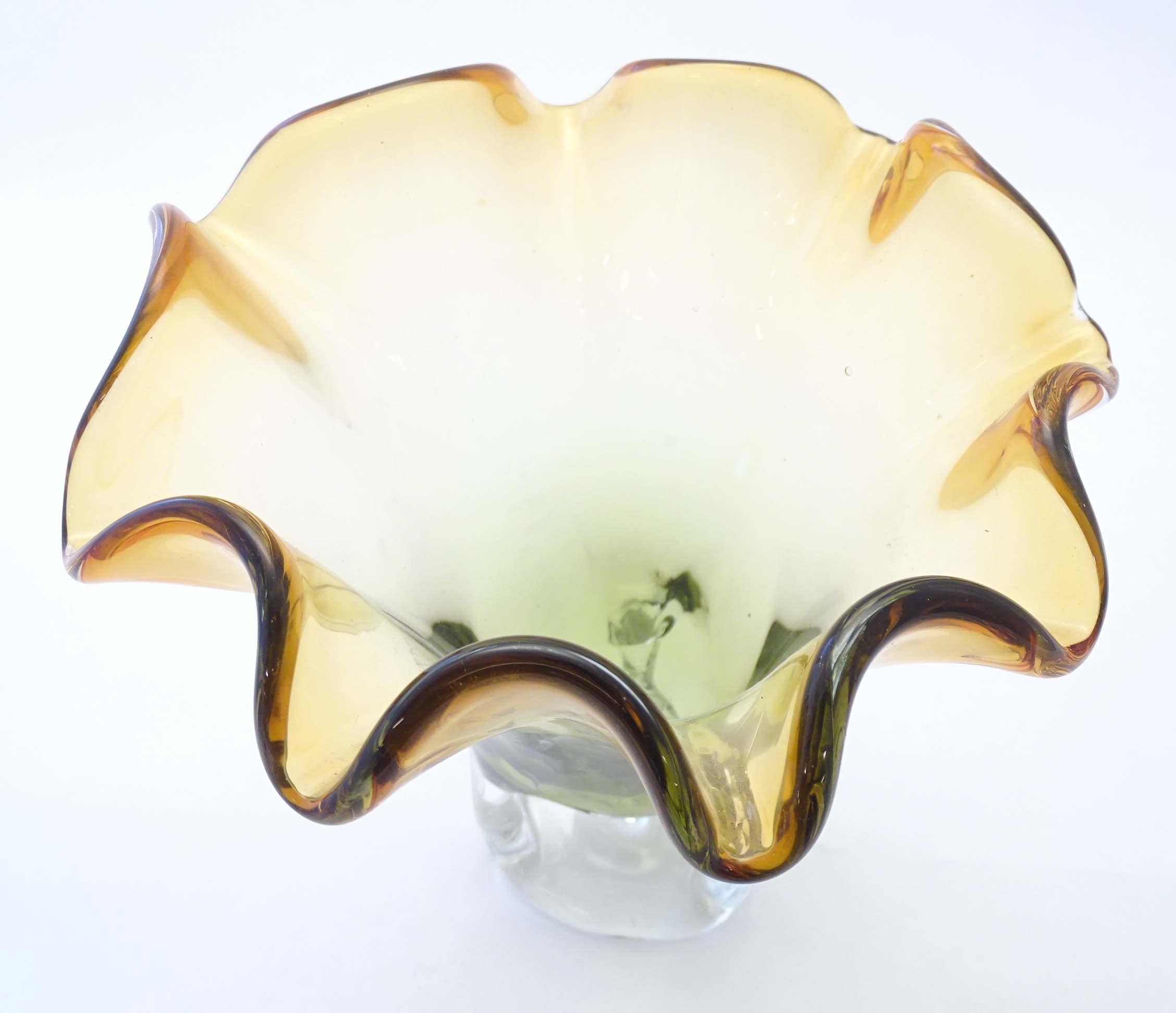 A studio glass vase with amber flared rim and body on a open clear glass base. Approx 11" high - Image 7 of 7