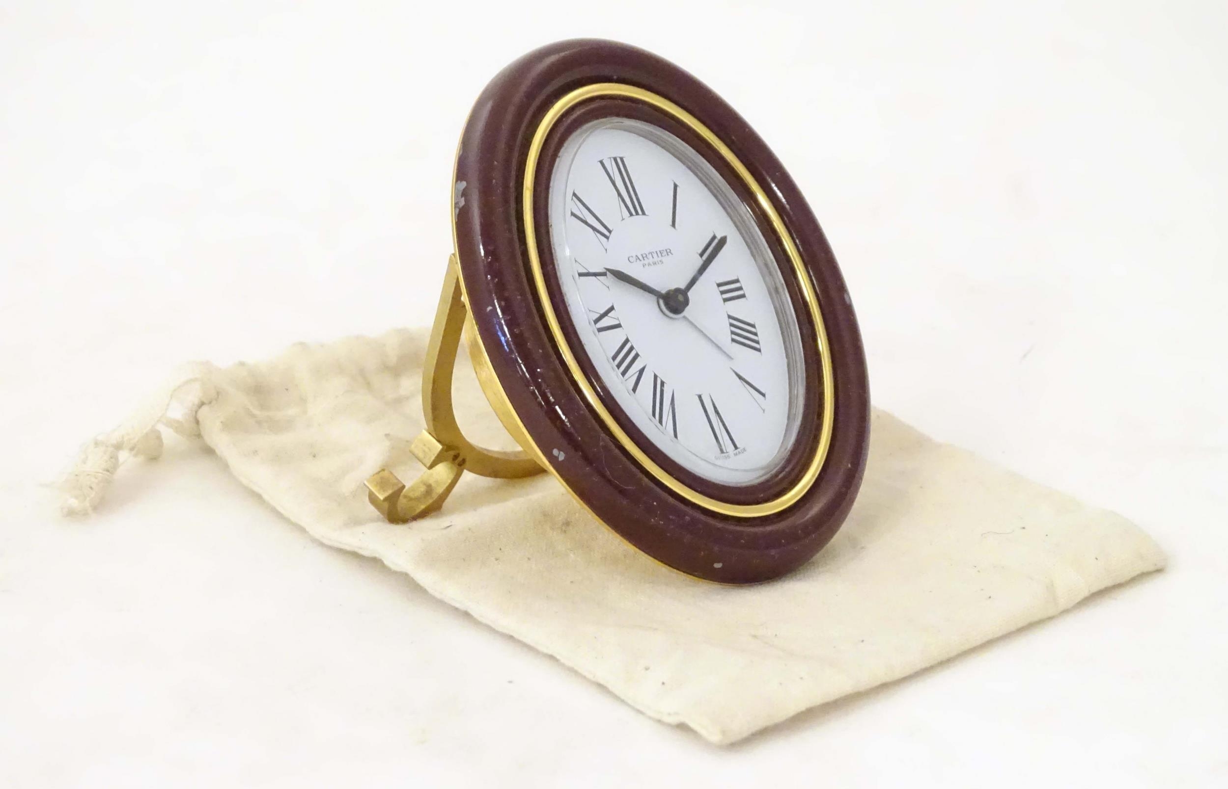 A Cartier Paris travel alarm clock with easel back. 3 1/2" high overall Please Note - we do not make - Image 2 of 9