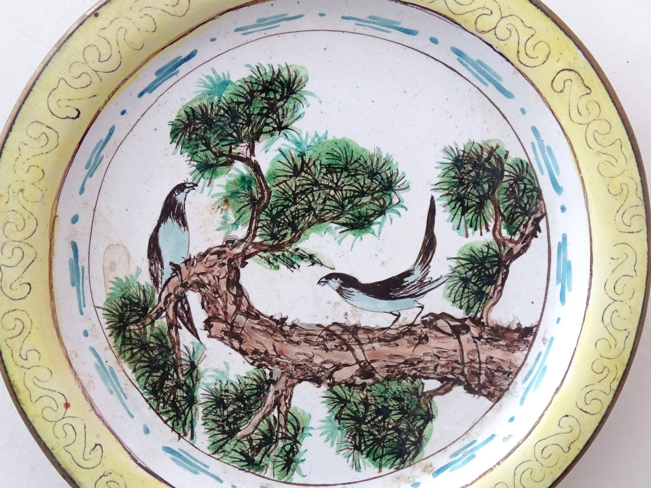 A Chinese / Cantonese famille jeune dish with enamel detail depicting two birds on a branch. Approx. - Image 3 of 3