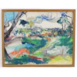 Olivia Lloyd, 20th century, Mixed media, An abstract landscape scene with trees and houses. Signed