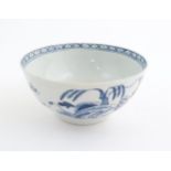 A Chaffers (Liverpool) blue and white bowl decorated with peony flower, willow tree and rocky