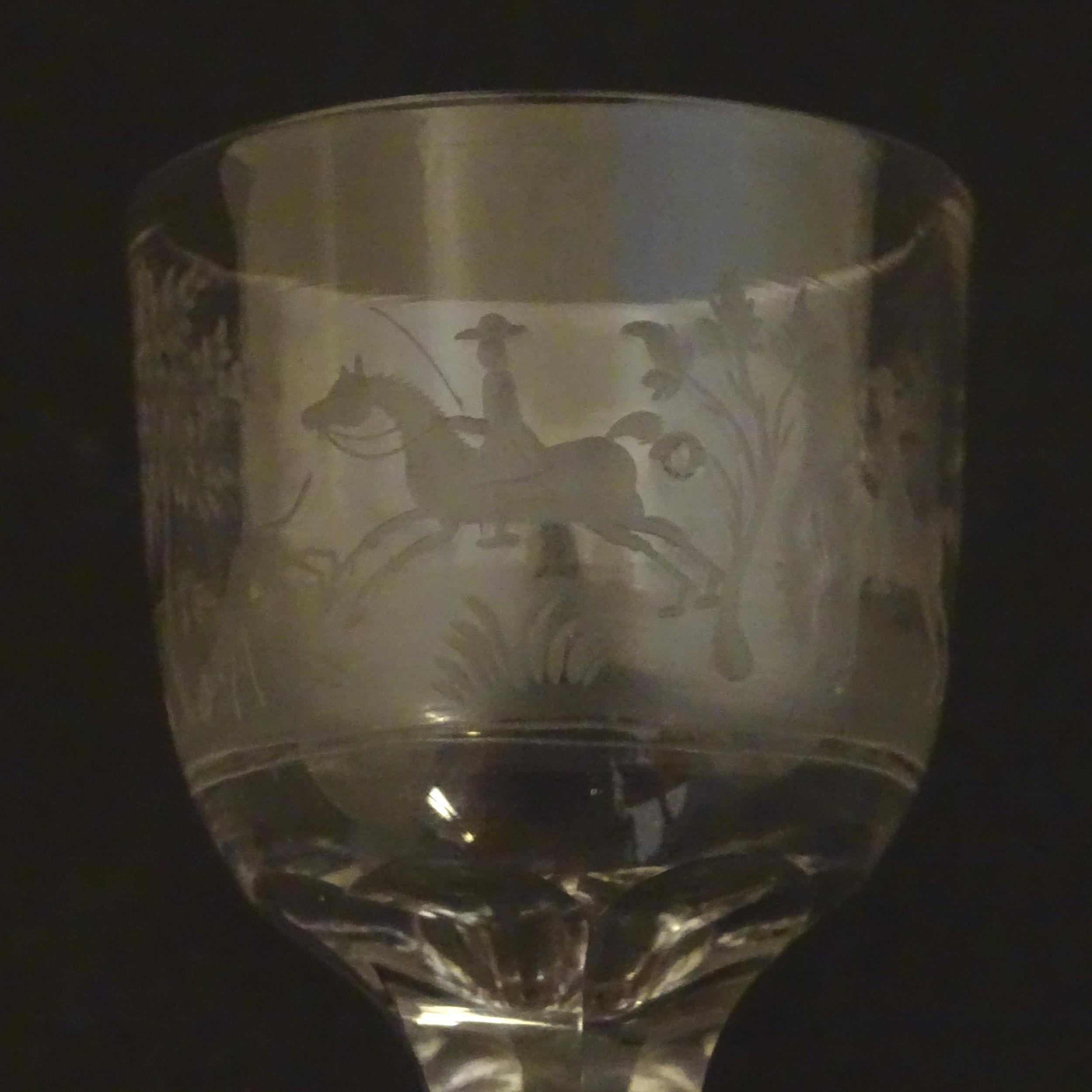 two 19thC glass drinking glasses one with etched hunting scenes. The tallest 6 1/2" high (2) - Image 7 of 10
