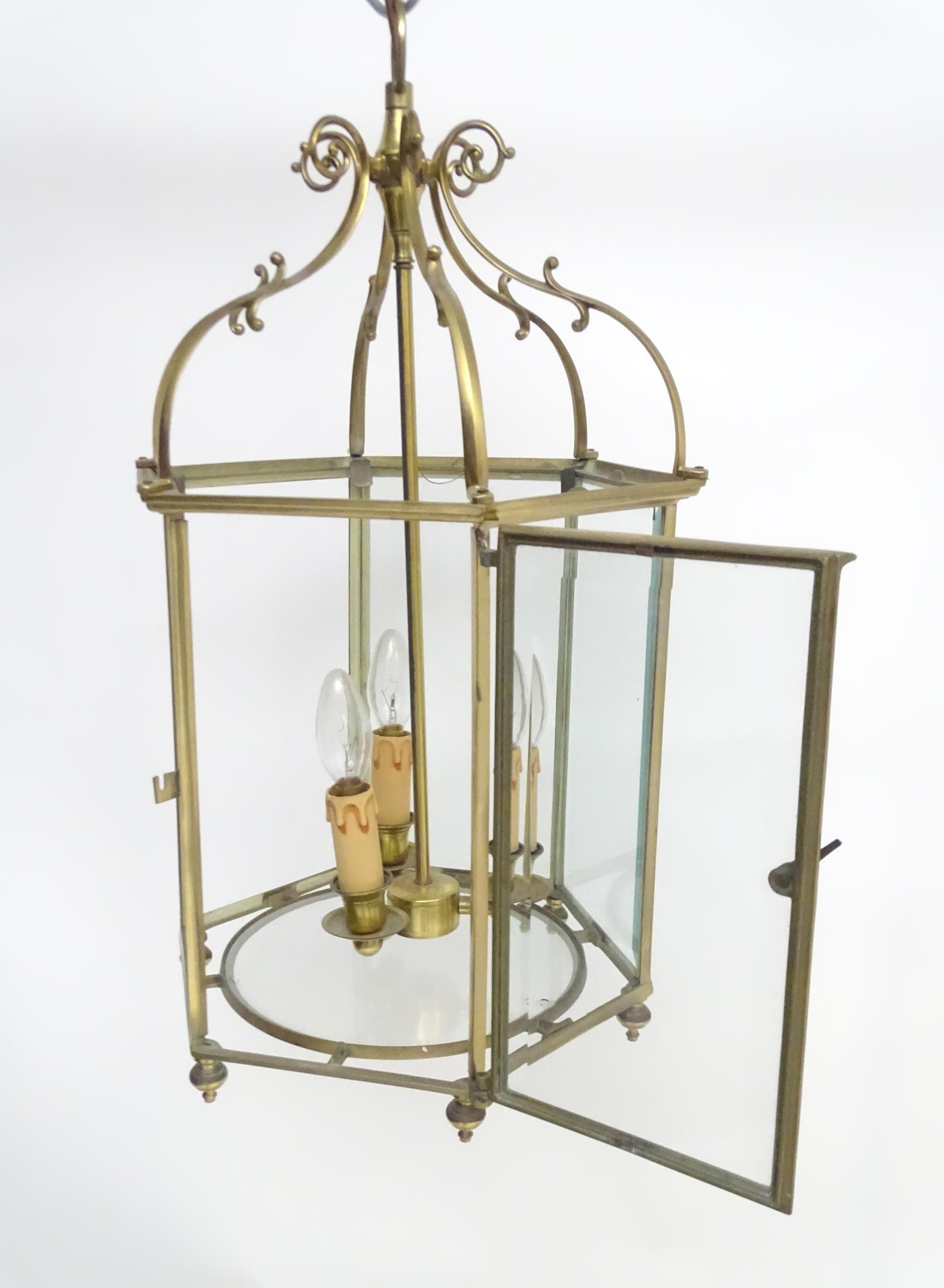 A 20thC pendant lantern ceiling light, the brass octagonal frame with bevelled glass panes, the - Image 7 of 7