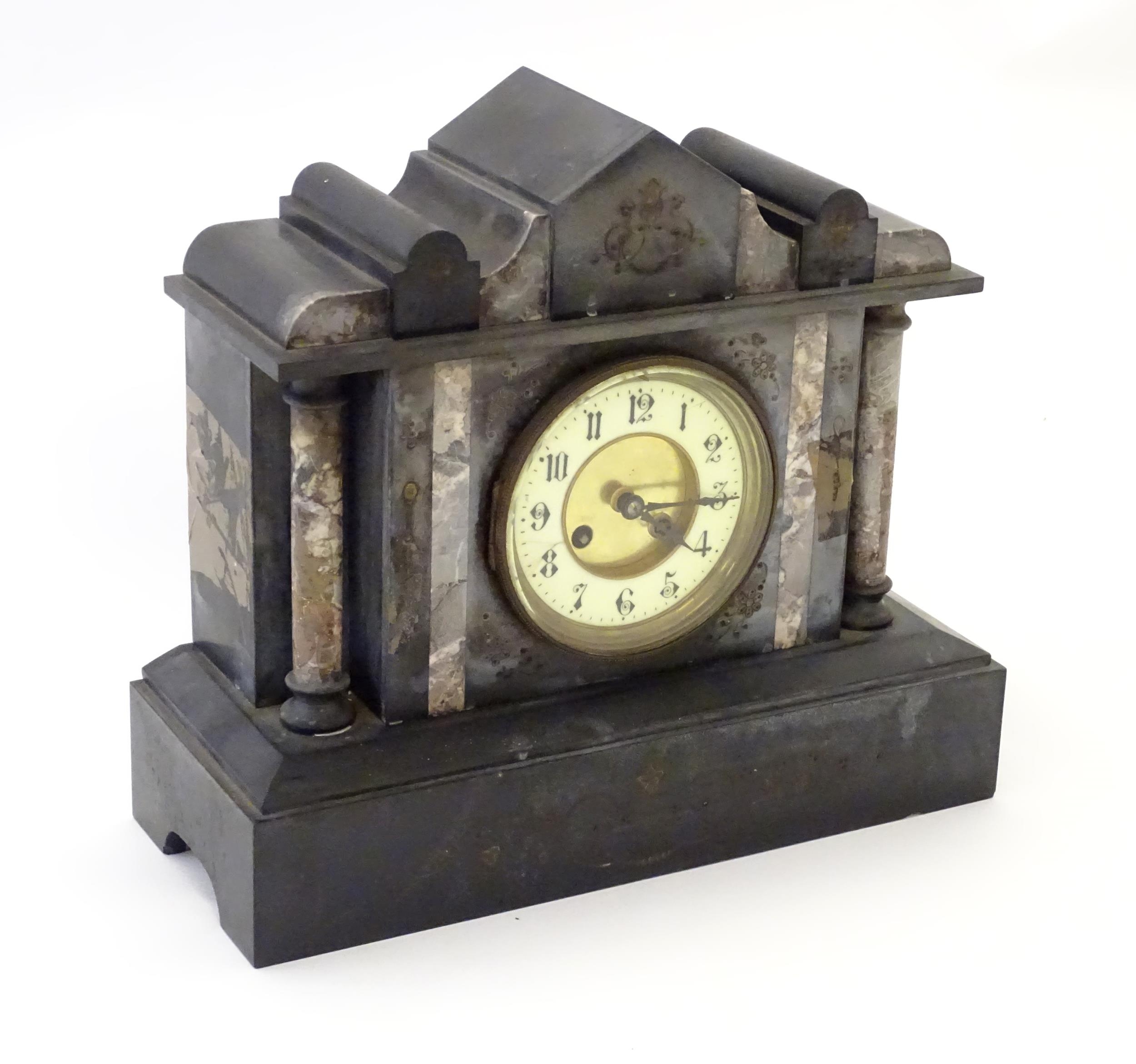 A Victorian slate and marble cased mantel clock with 8-day movement by Japy Freres. Approx 12 1/"2 - Image 5 of 9