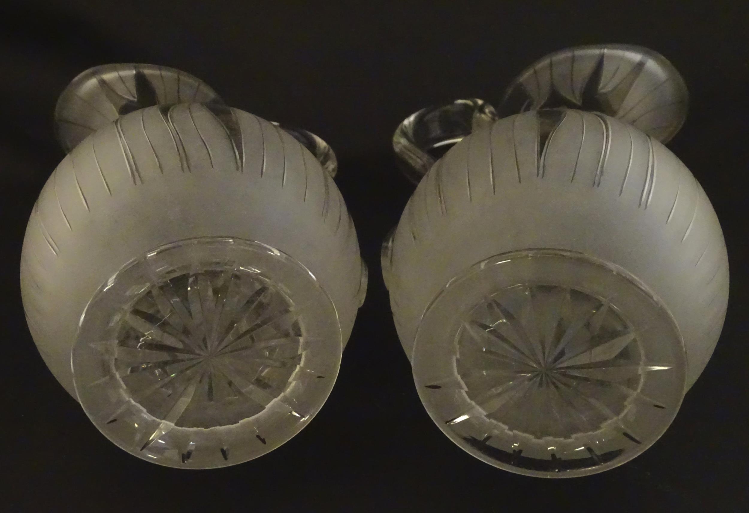 A pair of 19thC jugs with etched decoration depicting floral and foliate detail probably by - Image 9 of 9