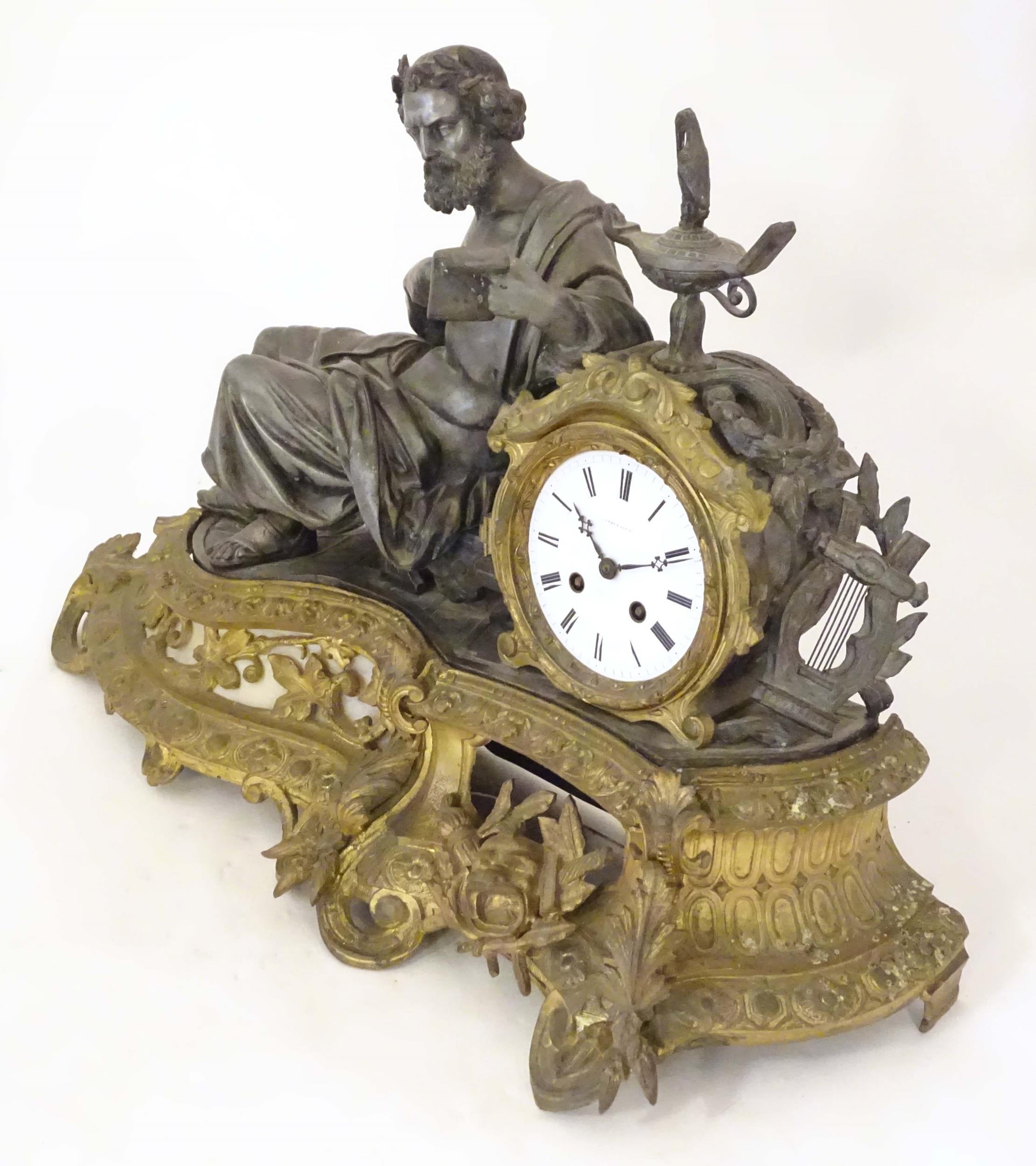 A 19thC French mantle clock with white enamel dial and cast classical scholar figural decoration. - Image 3 of 12