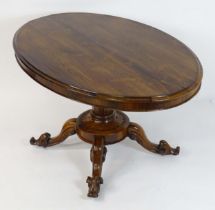 A mid 19thC rosewood tilt top table, having an oval table top above a trumped shaped canted pedestal