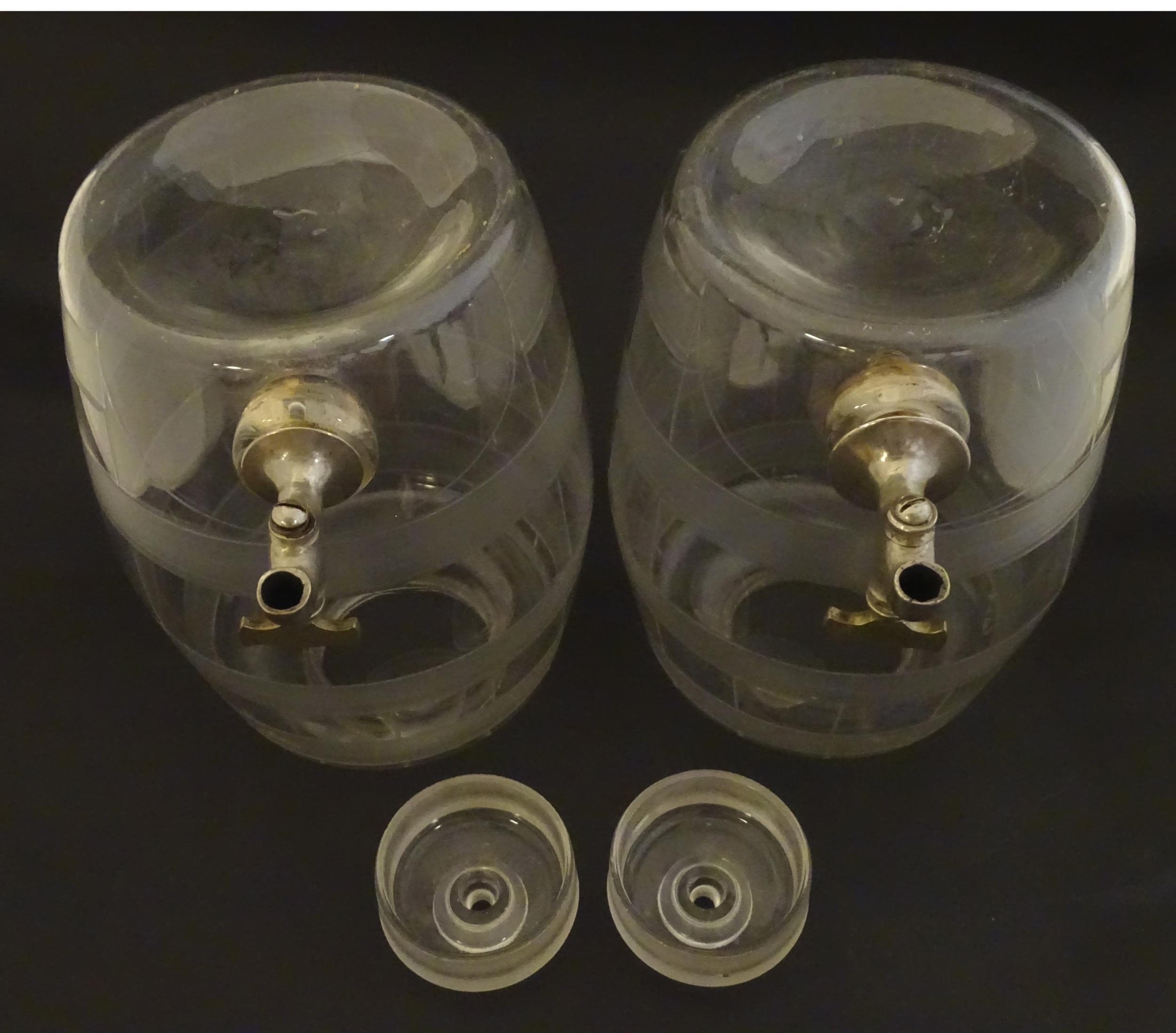 Two Victorian glass spirit / rum barrels with etched decoration and with silver plated taps. - Image 3 of 18