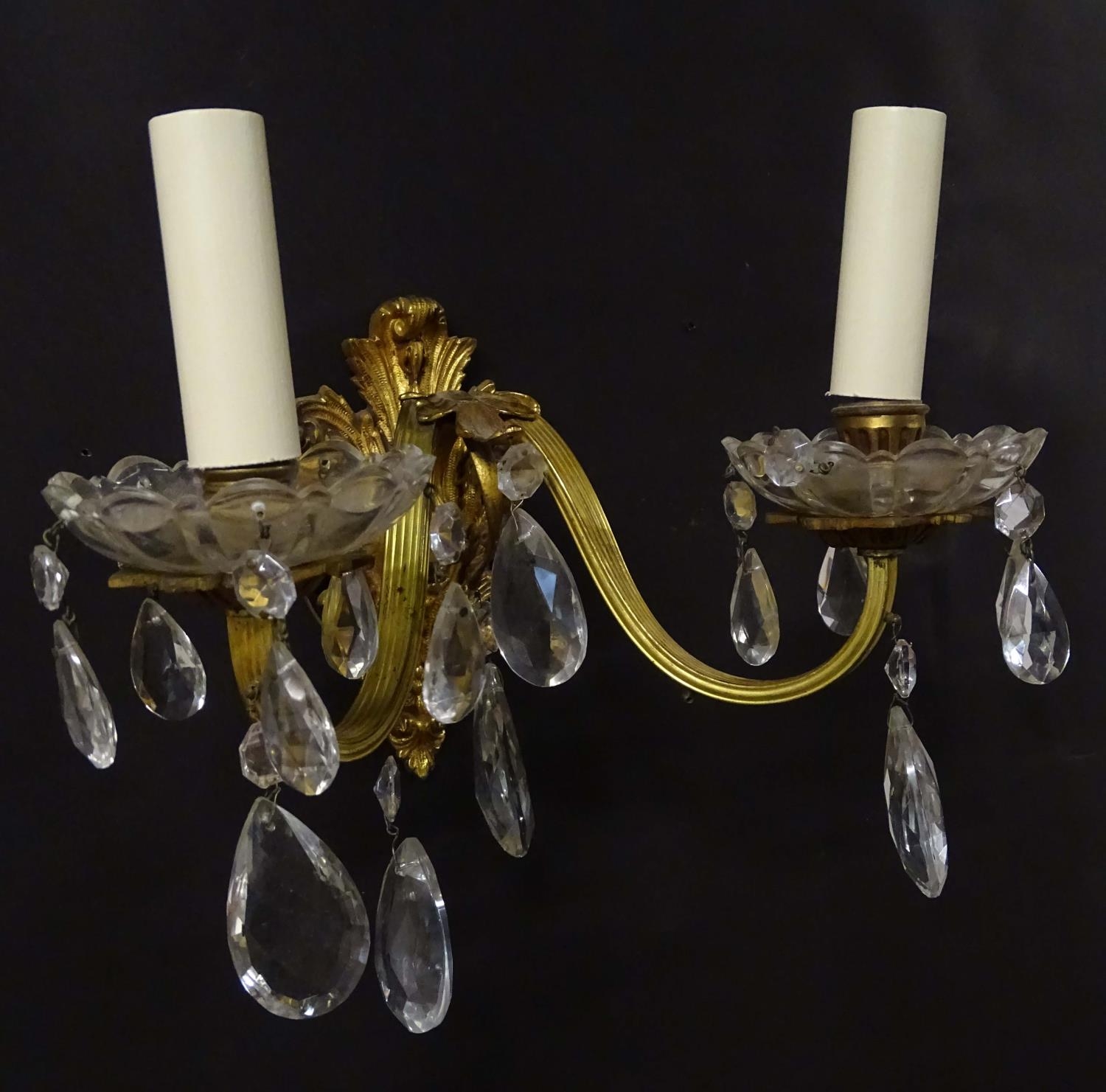 A pair of 20thC gilt twin branch wall lights, the gilt mounts supporting cut glass cups with - Image 10 of 15