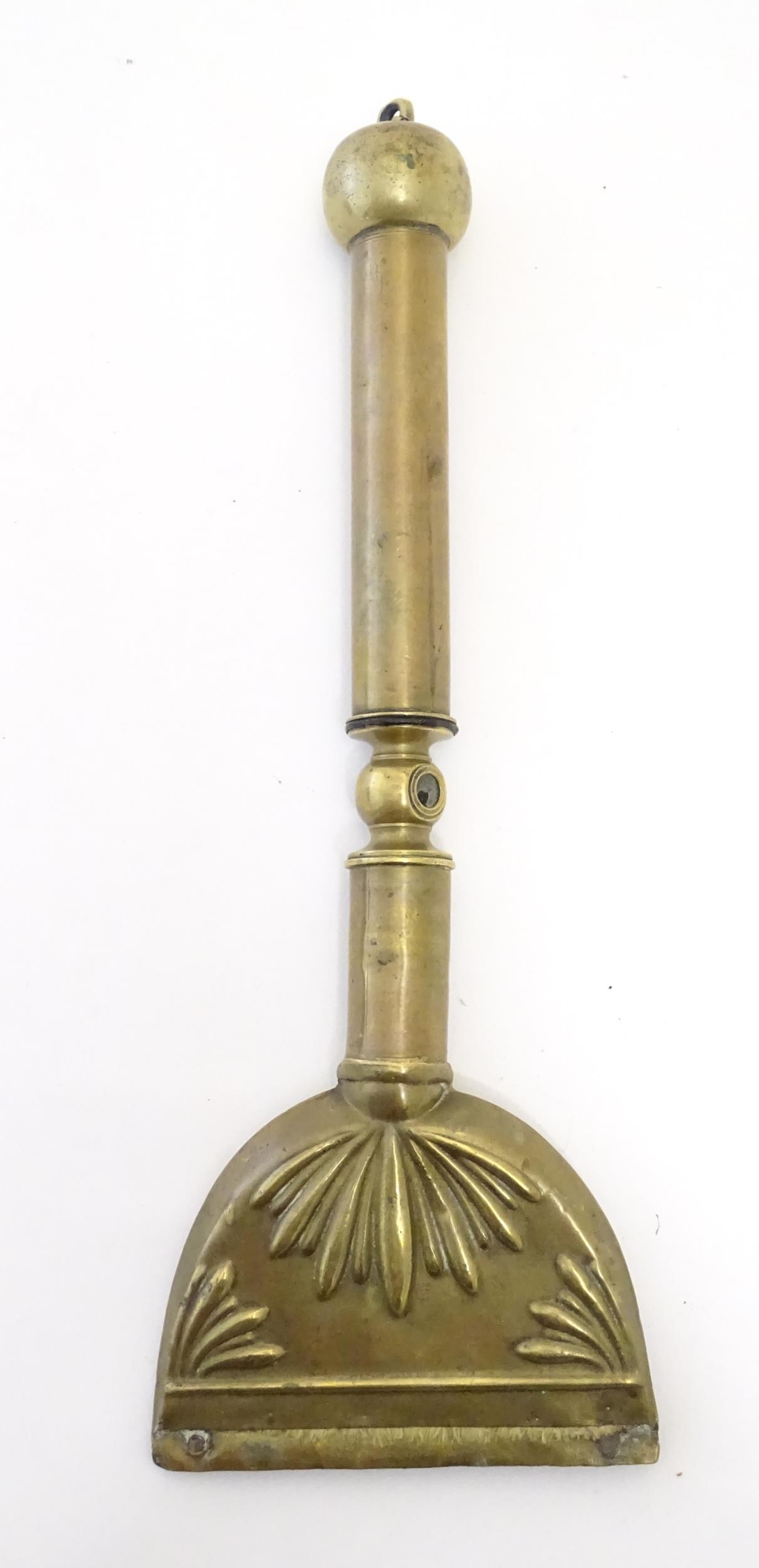 A 19thC brass horse hair singer / singeing lamp with embossed shell detail. Approx. 13 3/4" long - Image 2 of 6