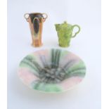 Three Art Deco ceramic items comprising a Sylvac bowl, a Wade Heath coffee pot with banded