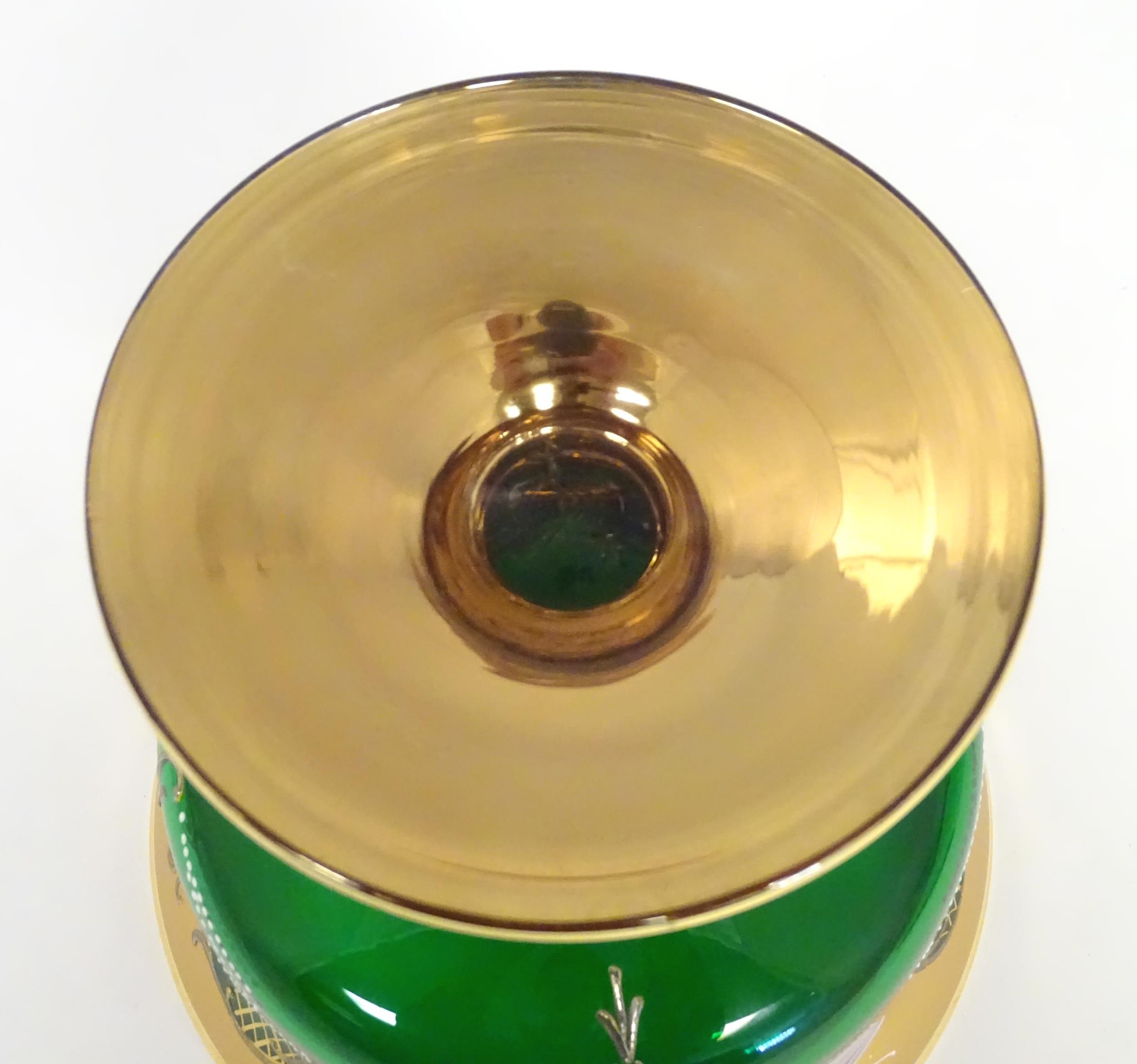 A Bohemian green glass pedestal bowl with gilt and enamel floral detail. Approx. 7" high x 7 1/2" - Image 2 of 8