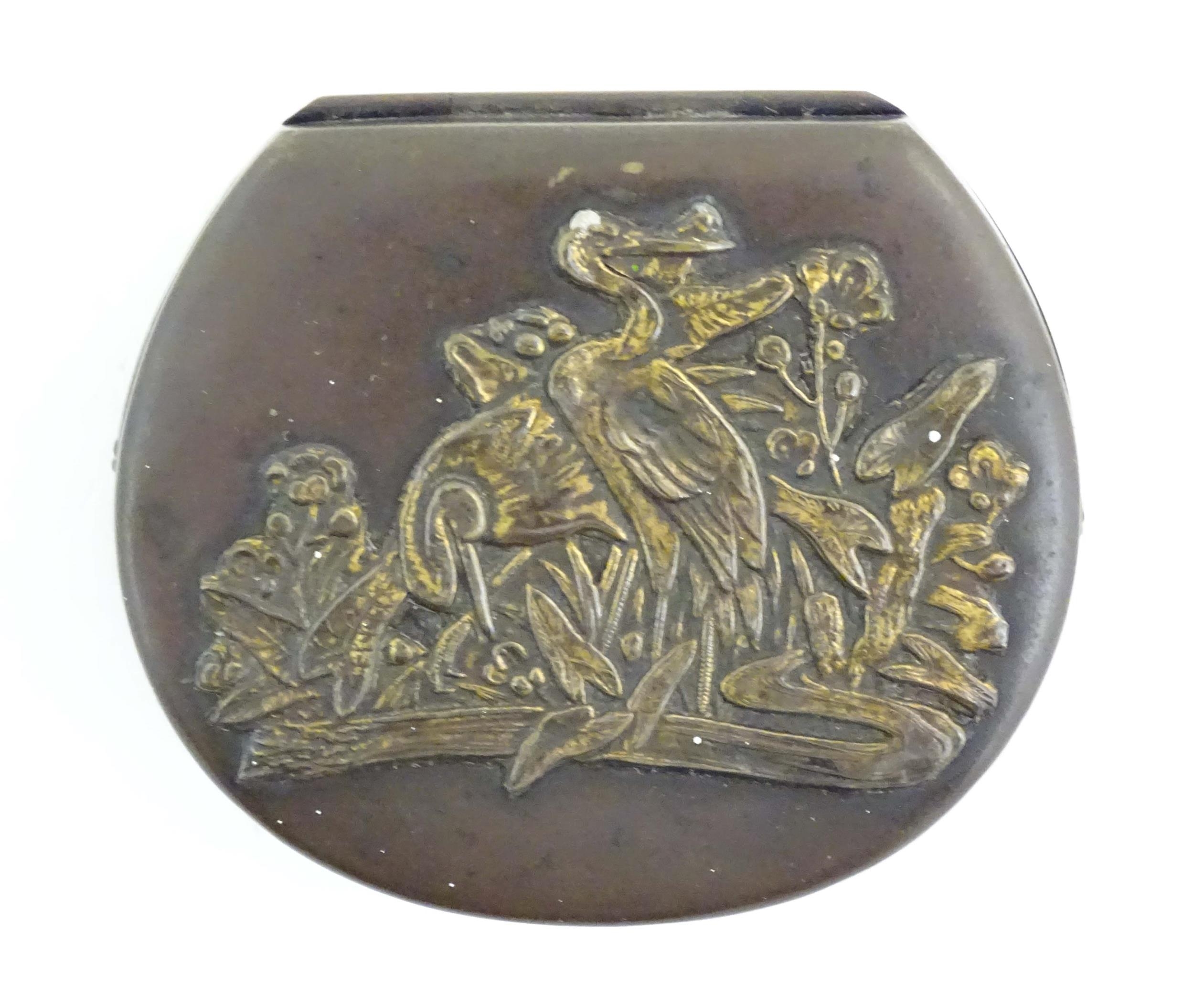 A Japanese lacquered brass stud box with a hinged lid, decorated with applied crane bird and - Image 7 of 8