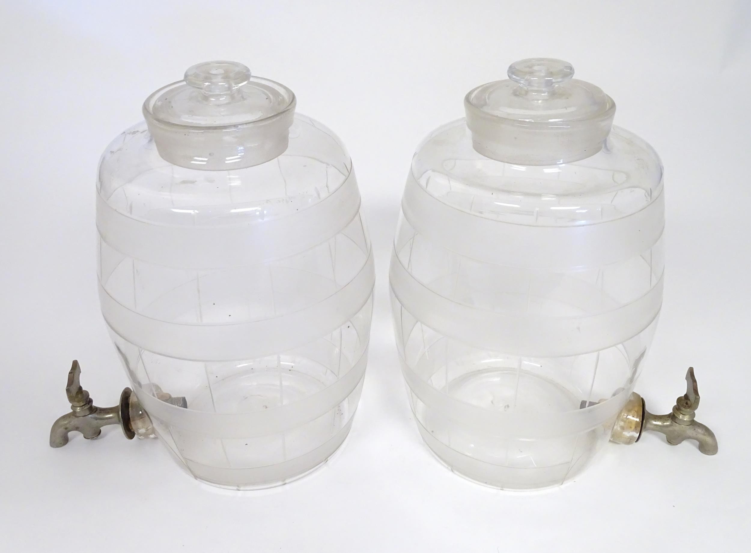 Two Victorian glass spirit / rum barrels with etched decoration and with silver plated taps. - Image 15 of 18