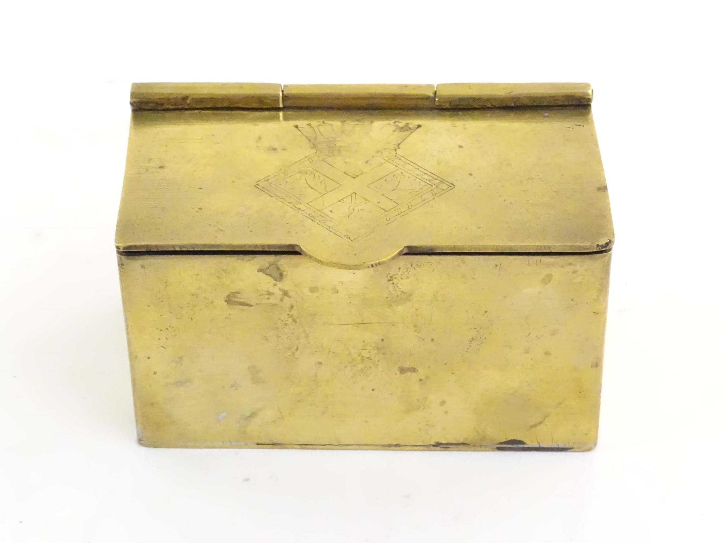 A mid 20thC brass tea caddy, the hinged lid decorated with the arms of HMS Caledonia (shore - Image 3 of 10