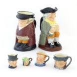 Six Royal Doulton character jugs comprising Happy John, The Huntsman, Tony Weller, John Peel, Fat