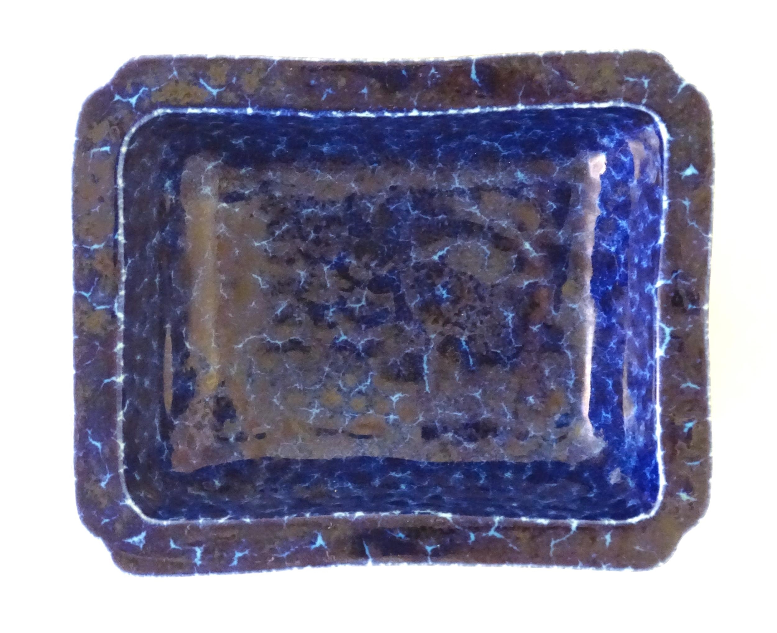 A Chinese dish of rectangular form with a blue glaze, raised on four feet. Character marks under. - Image 7 of 8