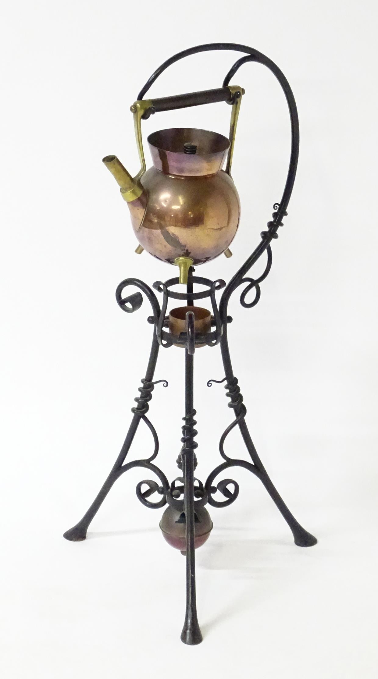 An Arts & Crafts copper and brass spirit kettle on a scrolling wrought iron stand designed by Dr - Image 2 of 20