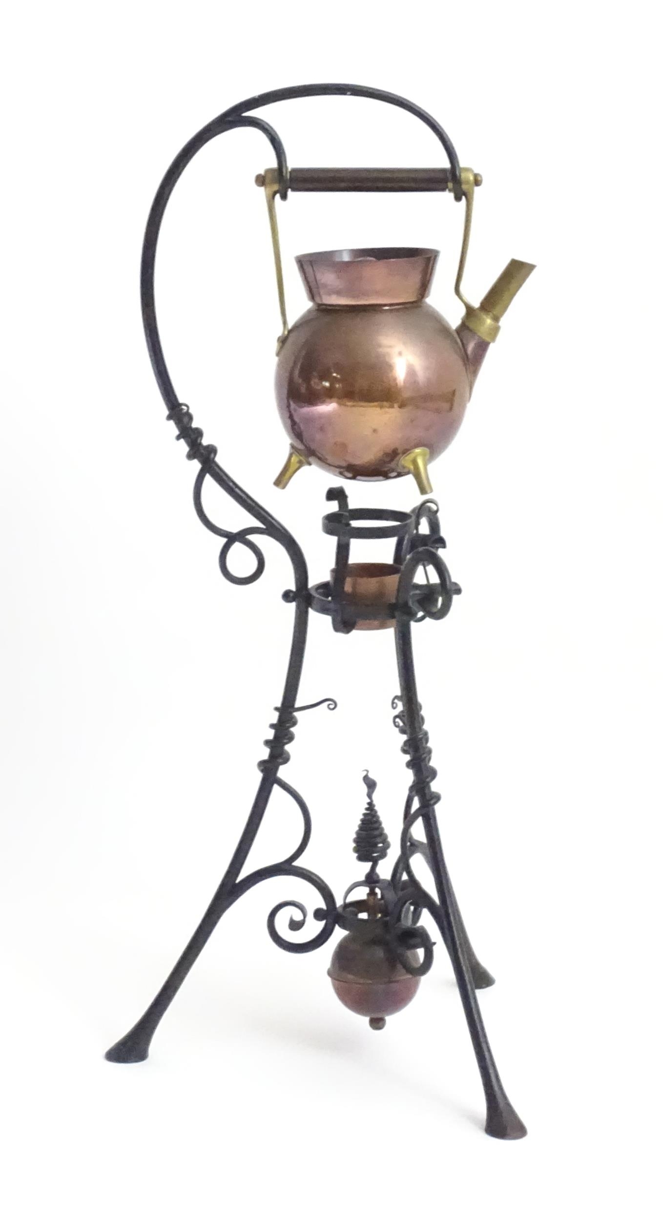 An Arts & Crafts copper and brass spirit kettle on a scrolling wrought iron stand designed by Dr - Image 8 of 20