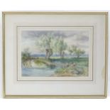 Manner of Charles Pyne, 20th century, Watercolour, A landscape scene with a man fishing by a