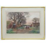 Henry Charles Fox (1855-1929), Watercolour, A farmyard scene at sunset with a farmer, horse and