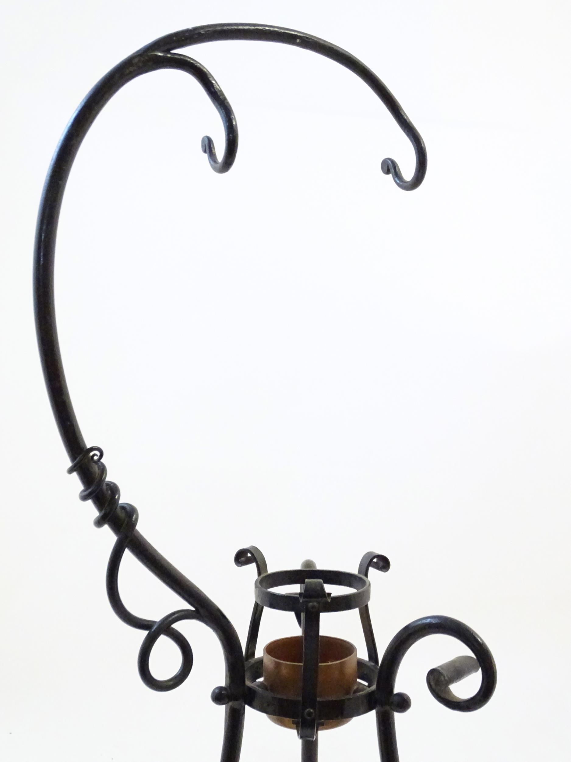 An Arts & Crafts copper and brass spirit kettle on a scrolling wrought iron stand designed by Dr - Image 19 of 20