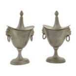 Two 19thC pewter salts modelled as lidded urns with twin lion mask ring handles. Approx. 5" high (2)