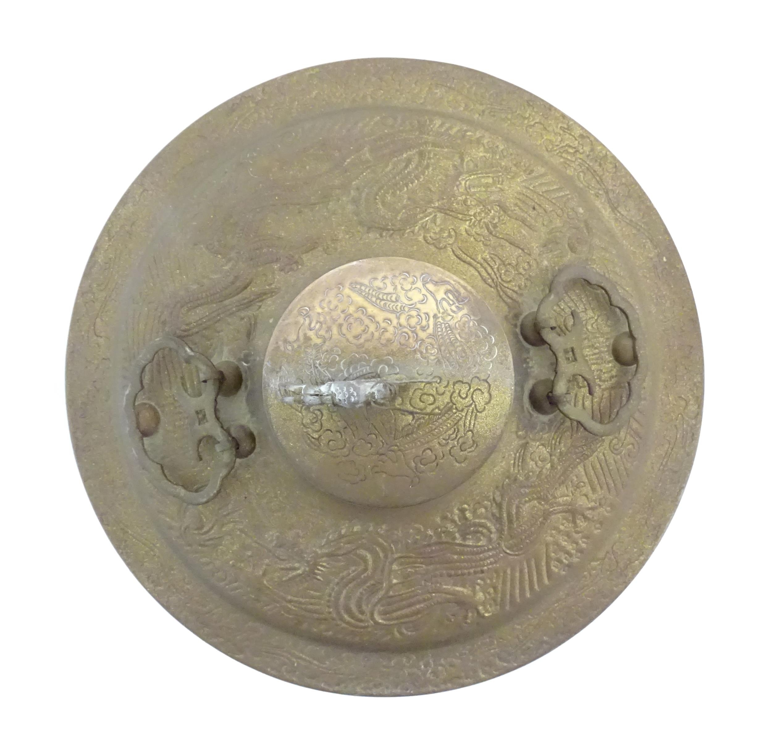 A Chinese cast metal twin handled warming / steaming pot comprising, stand, burner section, bowl, - Image 6 of 8