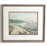 J. W. A., 20th century, Watercolour, A harbour scene scene with figures on a pier with boats beyond.