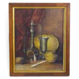 19th century, Watercolour, A still life study with metal wares to include an Indian Bidri style