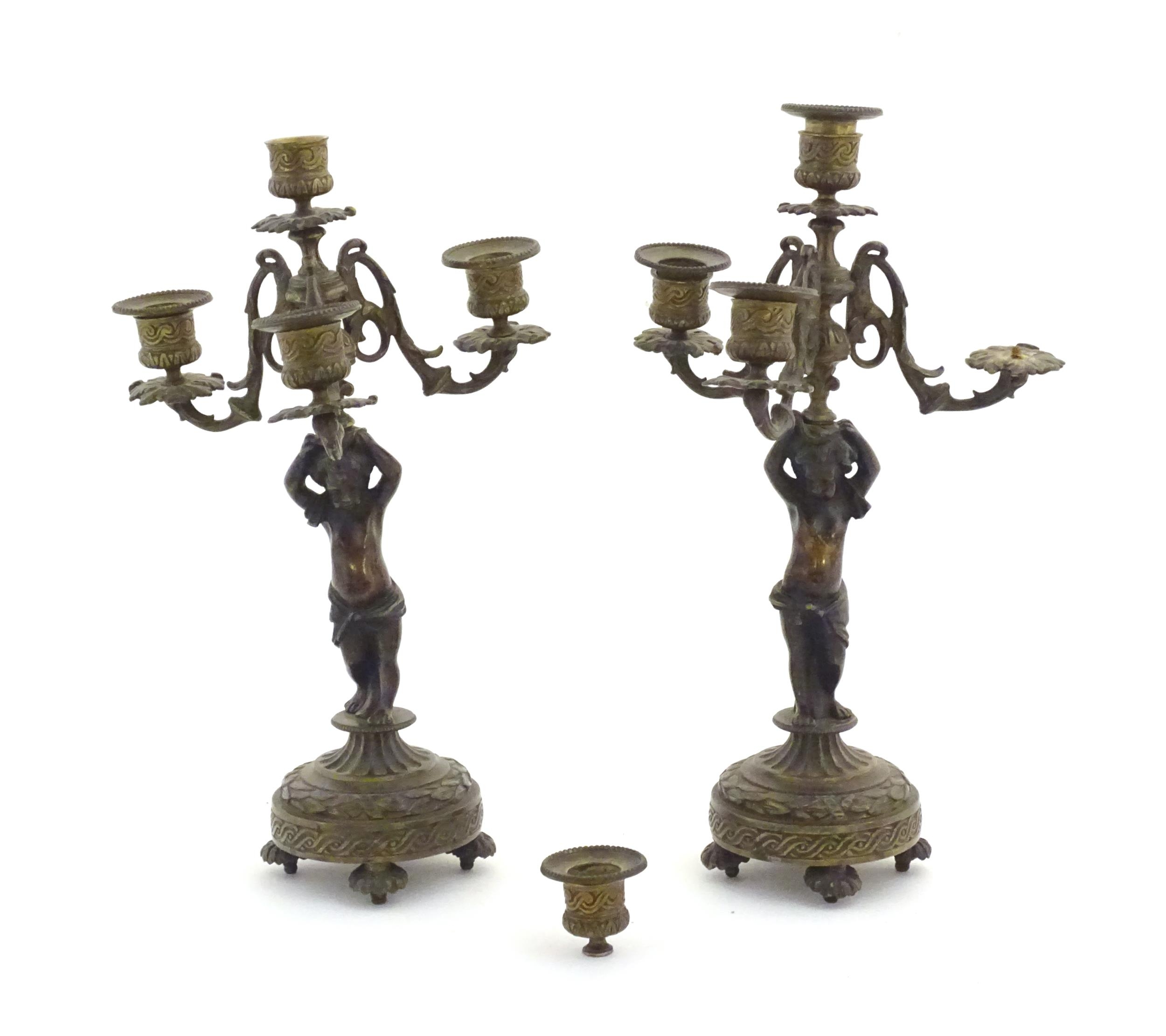 Two 19thC cast metal table candelabra / candelabrum the central bronze columns form as cherubs - Image 3 of 12