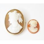 A shell carved cameo brooch within a yellow metal mount, together with an oval unmounted cameo.
