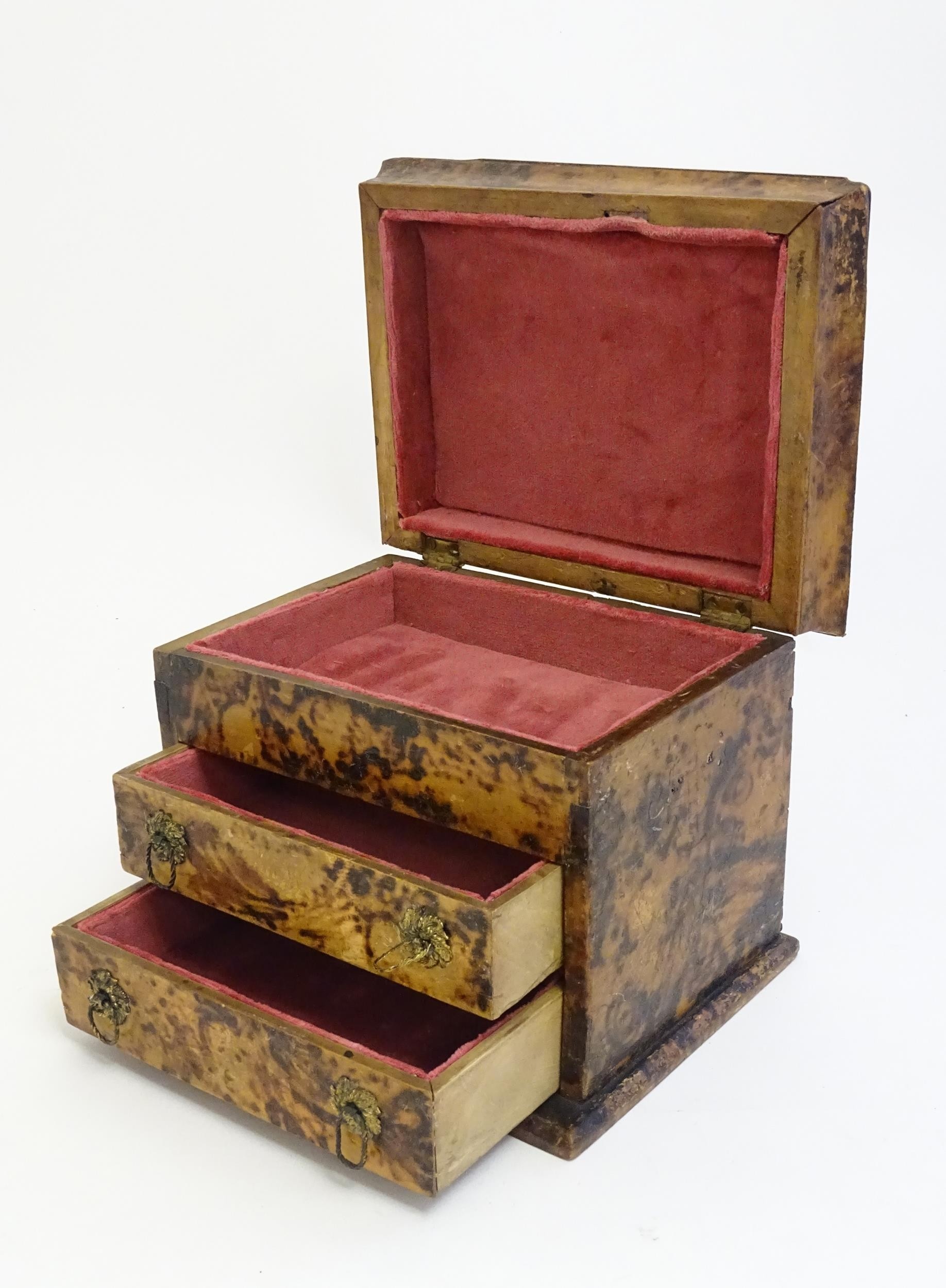 A Victorian simulated burr walnut jewellery box with lift lid and two drawers. Approx. 6 1/4" x 8" x - Image 4 of 8