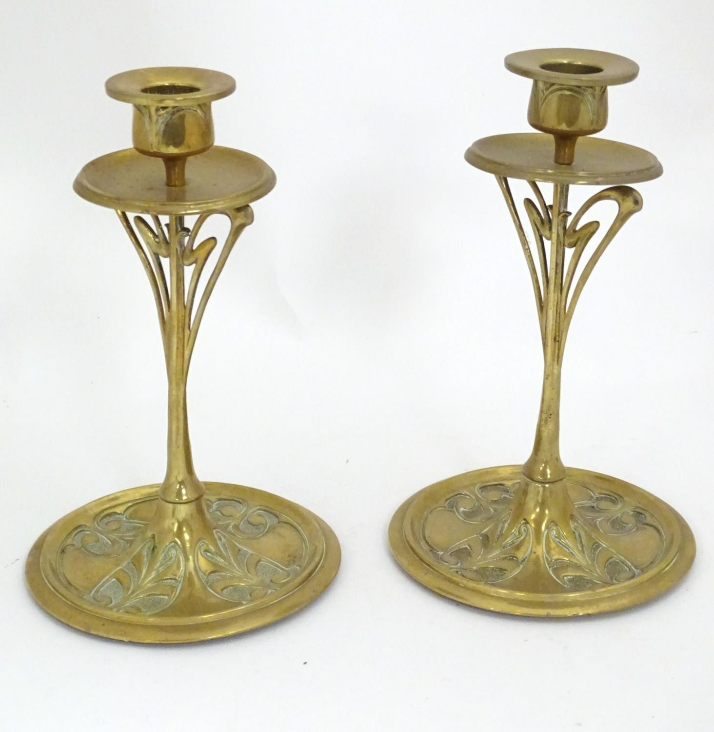 A pair of Art Nouveau brass candlesticks with tendril detail. Approx. 8 1/2" high (2) Please - Image 6 of 6