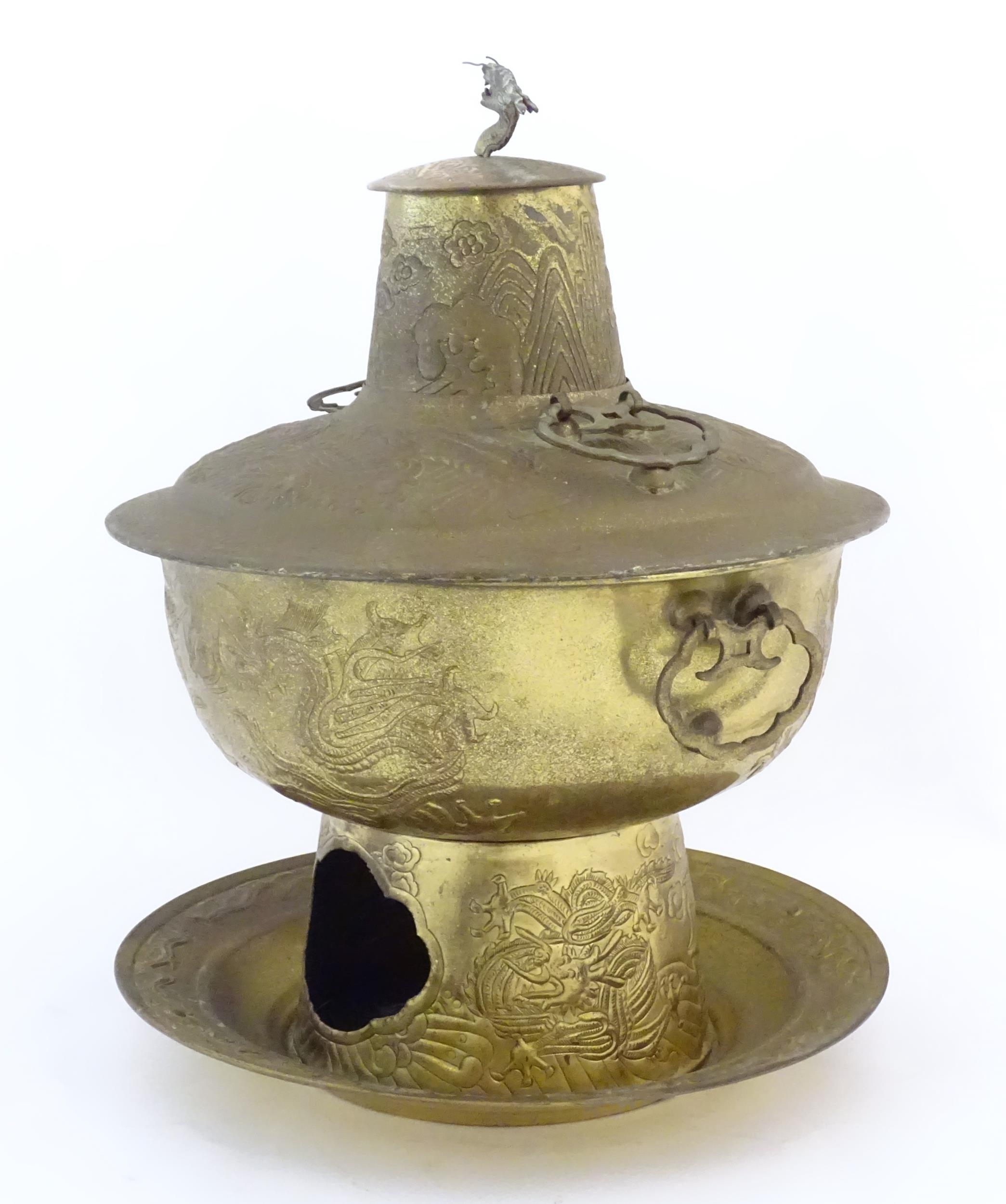 A Chinese cast metal twin handled warming / steaming pot comprising, stand, burner section, bowl, - Image 5 of 8