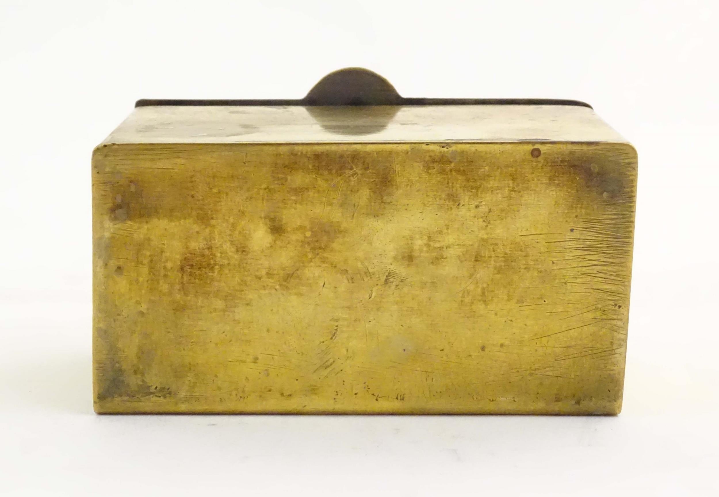 A mid 20thC brass tea caddy, the hinged lid decorated with the arms of HMS Caledonia (shore - Image 2 of 10