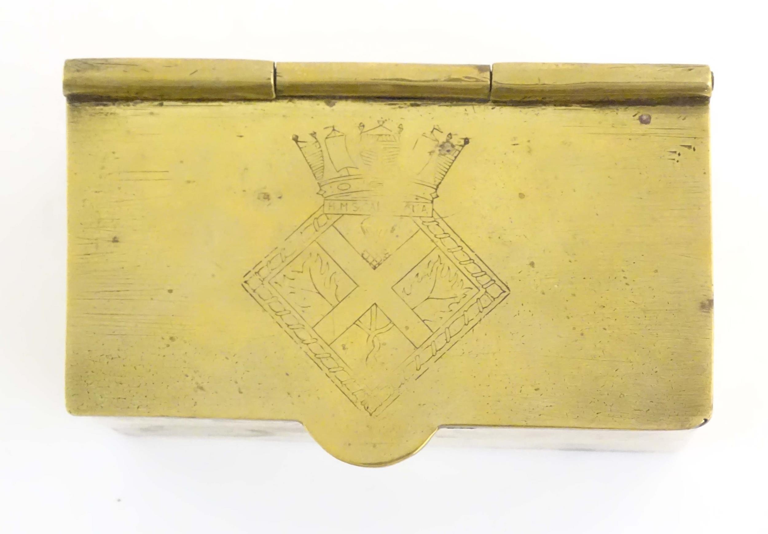 A mid 20thC brass tea caddy, the hinged lid decorated with the arms of HMS Caledonia (shore - Image 7 of 10