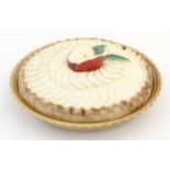 A modern ceramic stoneware baking dish and cover, formed as an apple pie / tarte tatin, bearing