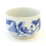 A Chinese blue and white censer decorated with figures in a landscape scene. Approx. 5" high