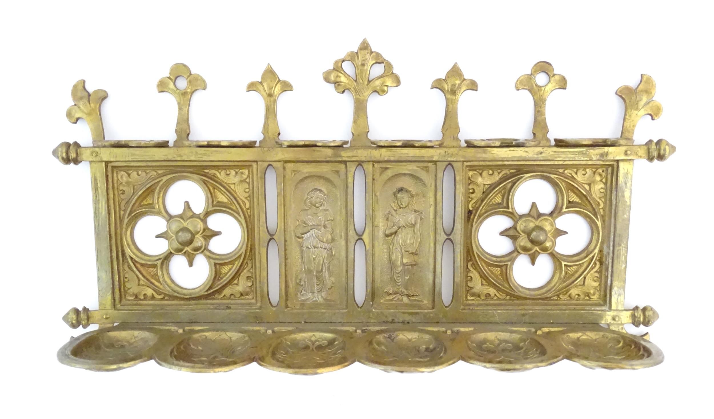 An early 20thC cast brass pipe rack with provision for 6 pipes with Gothic style decoration, pierced - Image 2 of 7