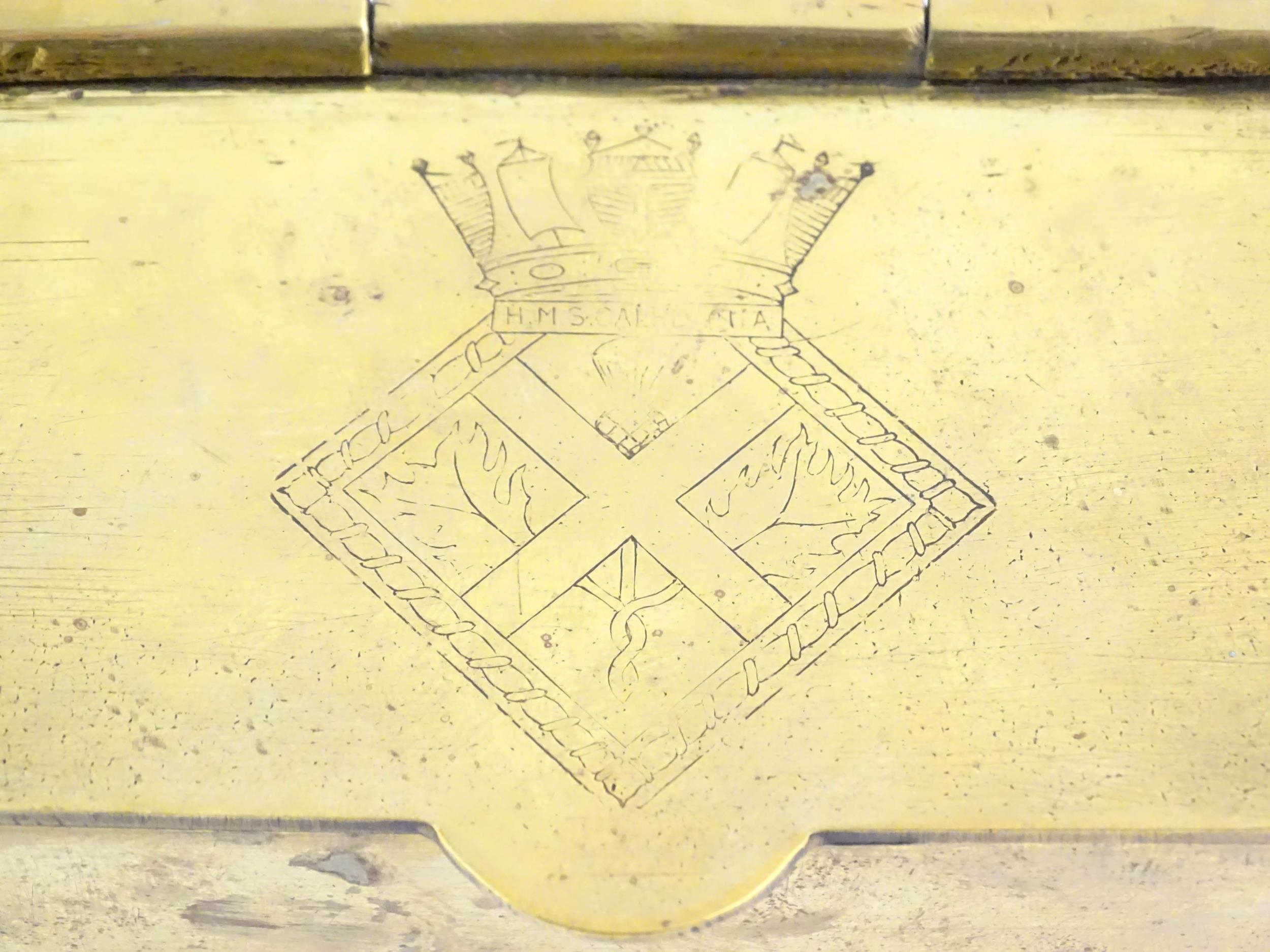 A mid 20thC brass tea caddy, the hinged lid decorated with the arms of HMS Caledonia (shore - Image 8 of 10