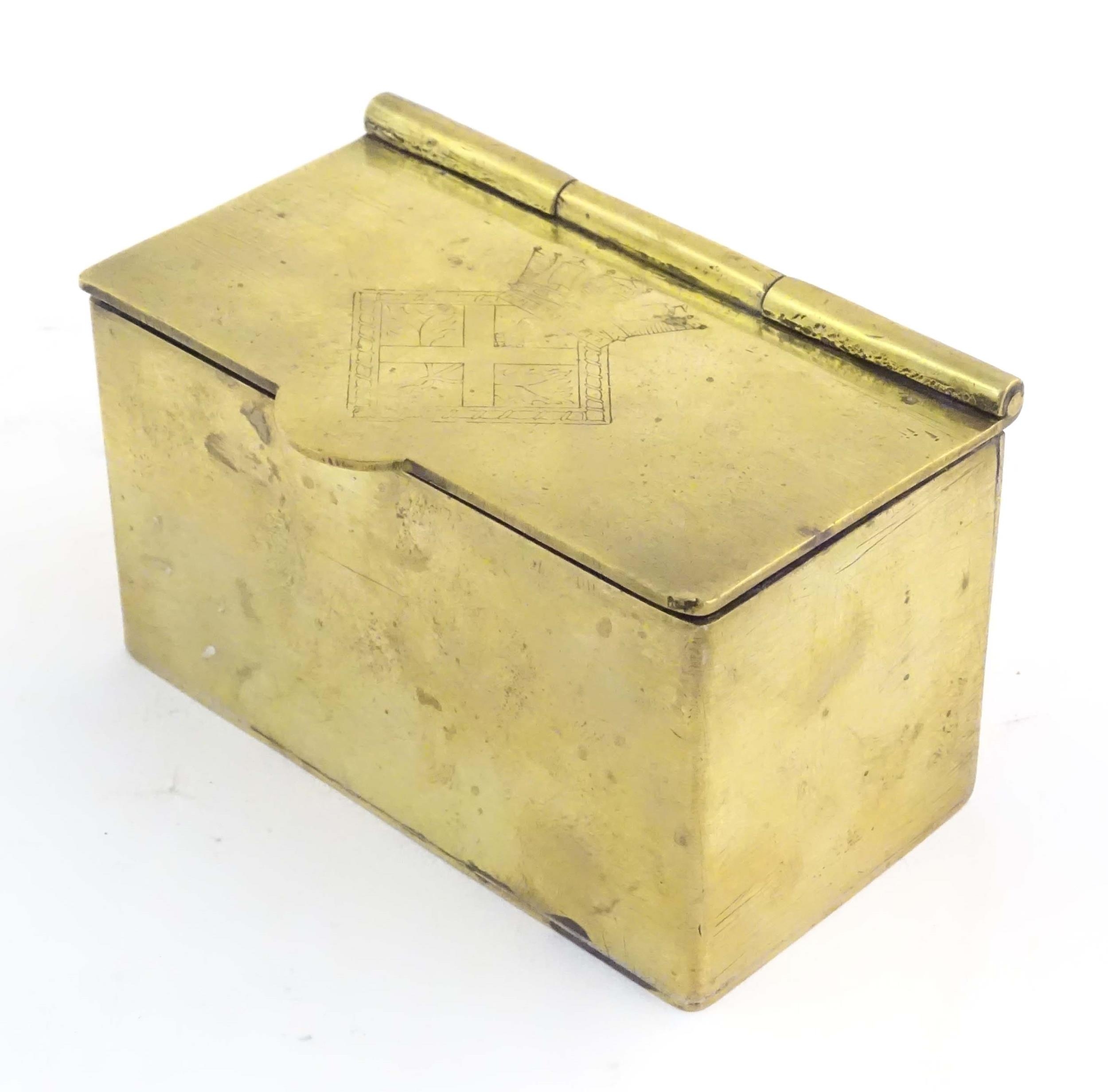 A mid 20thC brass tea caddy, the hinged lid decorated with the arms of HMS Caledonia (shore - Image 4 of 10