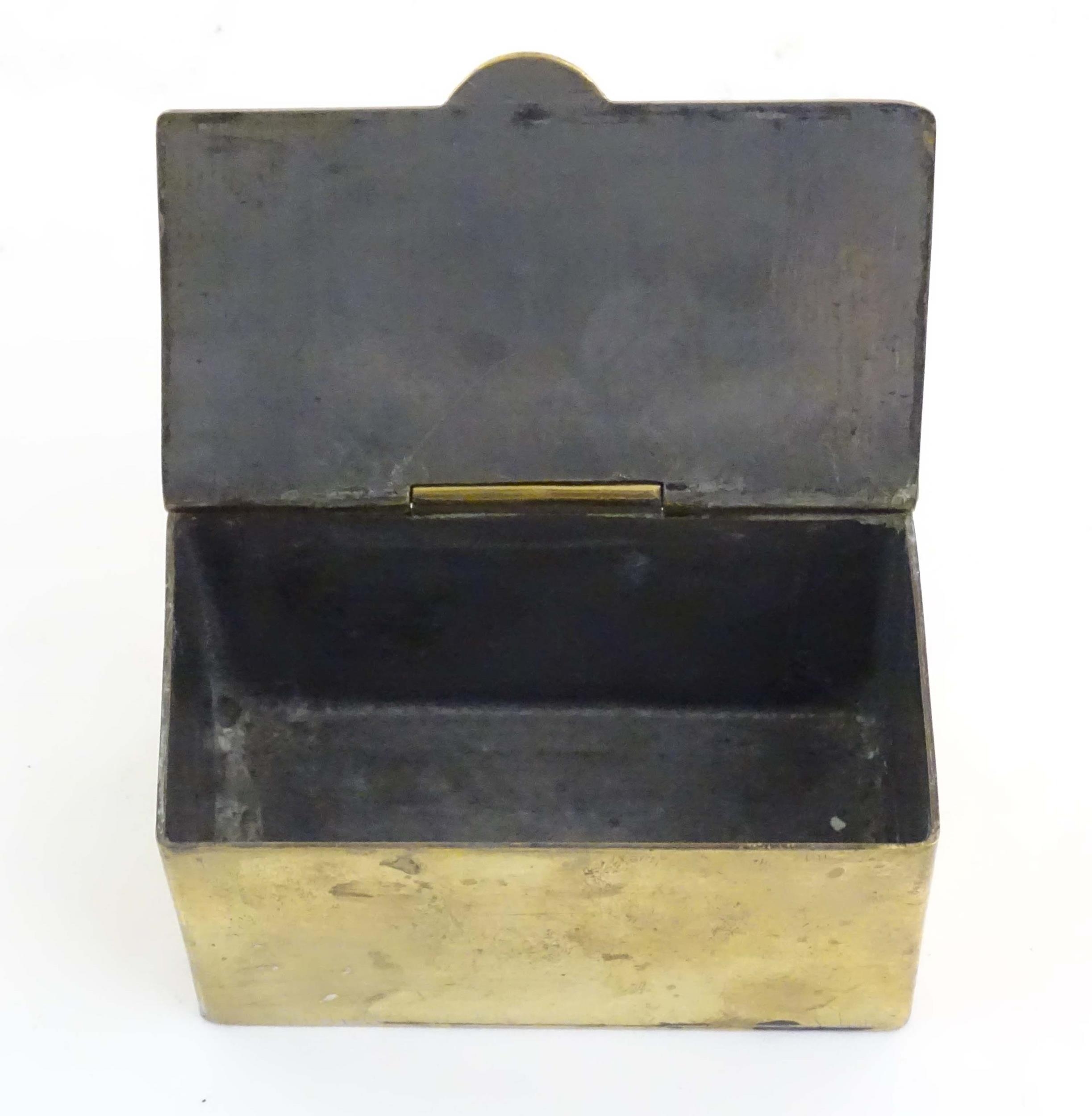 A mid 20thC brass tea caddy, the hinged lid decorated with the arms of HMS Caledonia (shore - Image 9 of 10