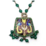 An Art Nouveau pendant necklace with enamel decoration and green bead detail. 21" long Please Note -