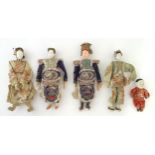 Five late 19th / early 20thC Chinese dolls with painted composite heads, hands and legs, each with