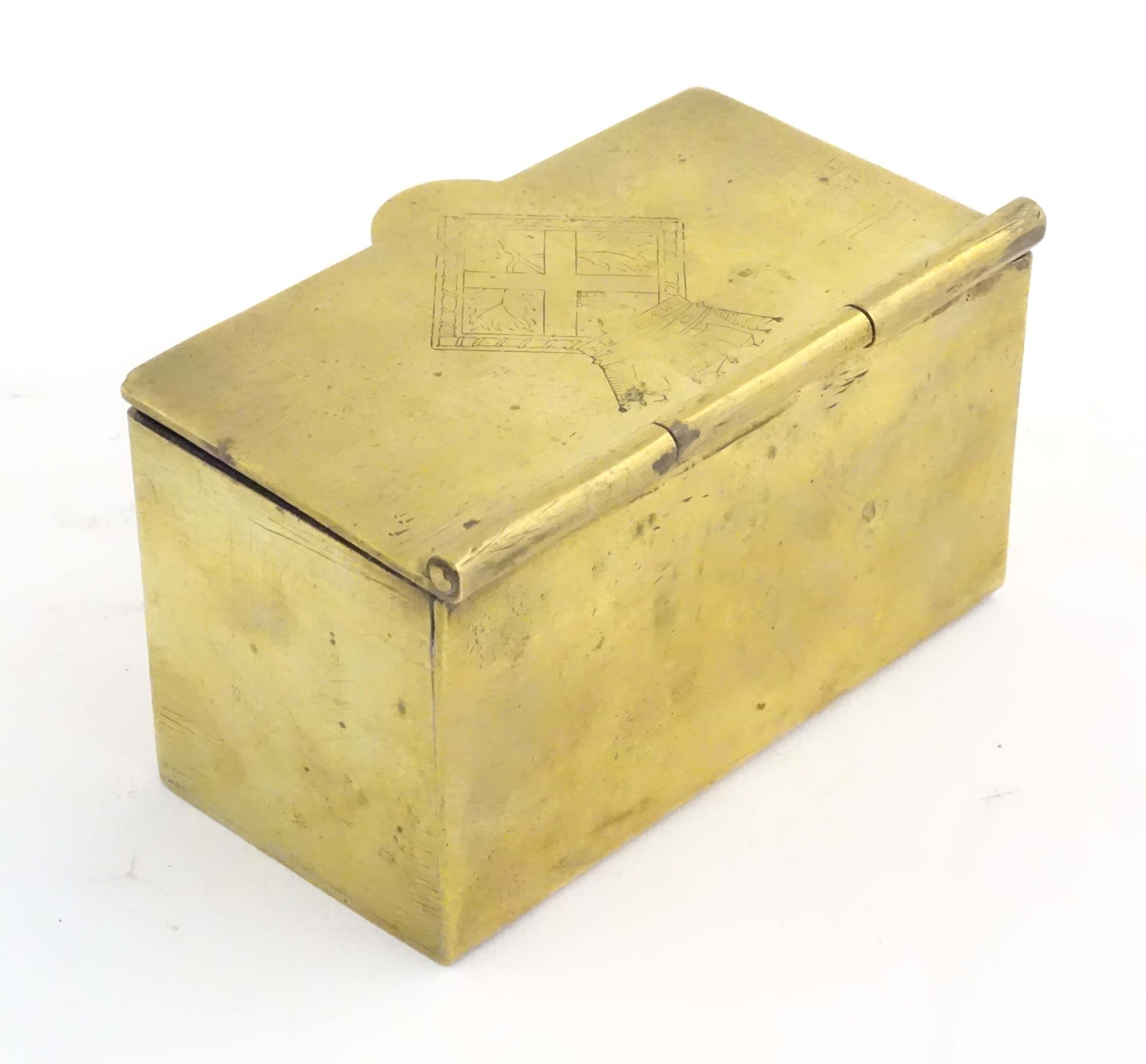 A mid 20thC brass tea caddy, the hinged lid decorated with the arms of HMS Caledonia (shore - Image 5 of 10