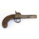 Militaria : a 19thC Belgian percussion muzzle loading pocket pistol, with 3" cylindrical steel